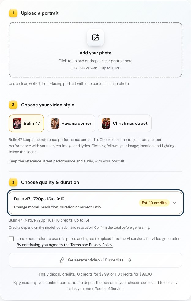 Bulin 47 AI studio showing portrait upload, three style choices, video settings, permission confirmation and credit estimate